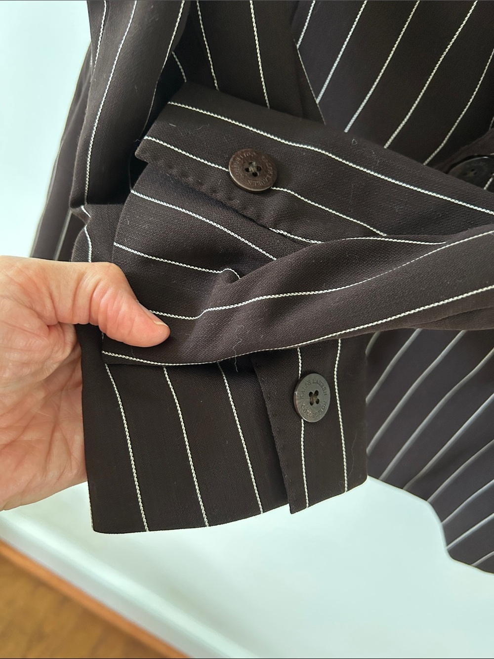 Ralph Lauren Purple Label Brown Pinstripe Blazer Size 8 Wool Tailored Vintage - Picture 15 of 16